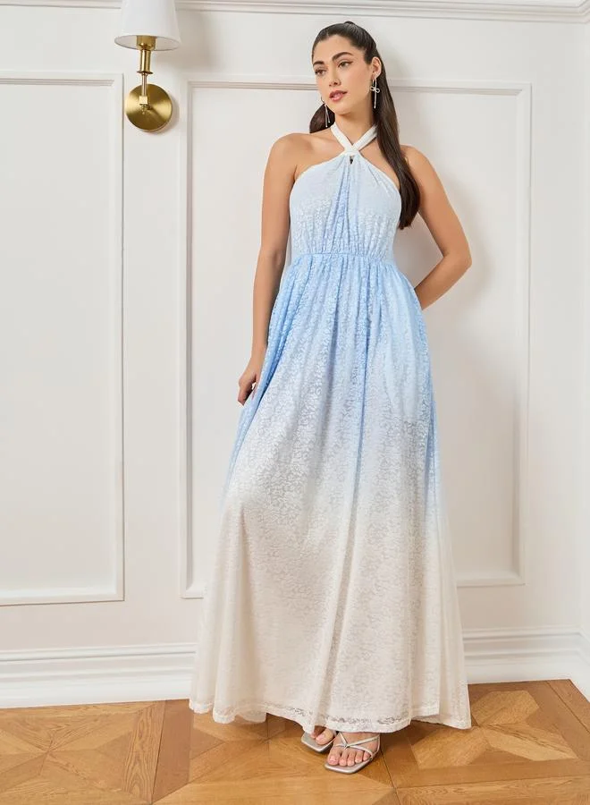 ستايلي فستان طويل دانتيل بلا أكمام وطبعة أومبري